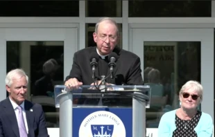 Archbishop William Lori of Baltimore speaks at the grand opening and blessing ceremony of Mother Mary Lange Catholic School in Baltimore, Md., Aug 6, 2021.